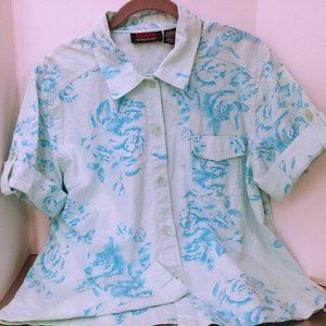 Y2K Cassini Linen Floral Blouse Sz-L Pocket SSL